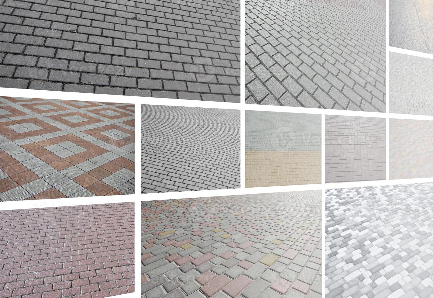 A collage of many pictures with fragments of paving tiles close-up. Set of images with pavement stone photo