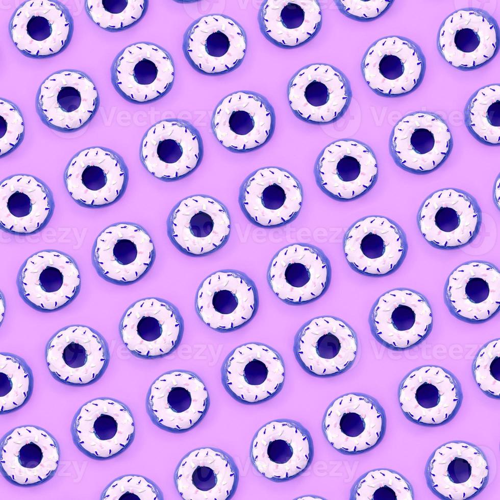 Many small plastic donuts lies on a pastel colorful background. Flat lay minimal pattern. Top view photo