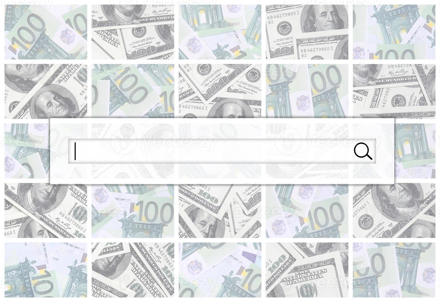 The search string is located on top of collage of many images of euro banknotes in denominations of 100 and 500 euros lying in the heap photo