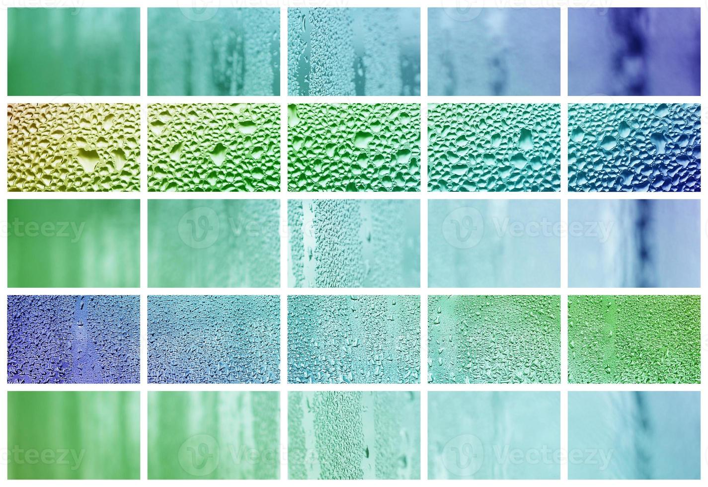 A collage of many different fragments of glass, decorated with rain drops from the condensate. Spring tones with green and blue colors photo