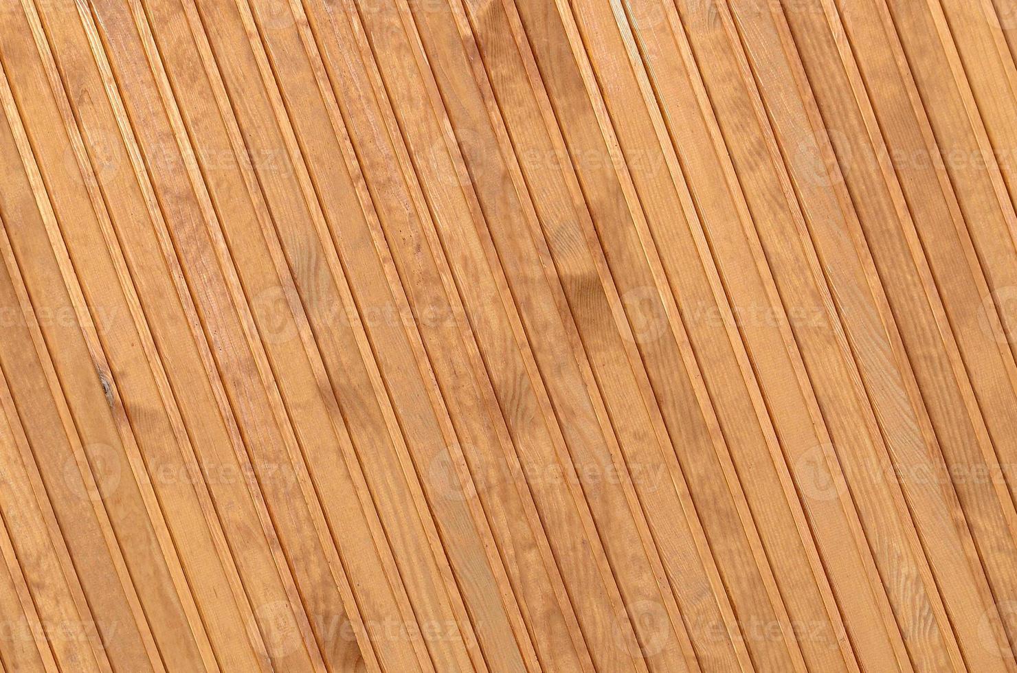 Close up of brown wooden fence panels. Many vertical wooden planks photo