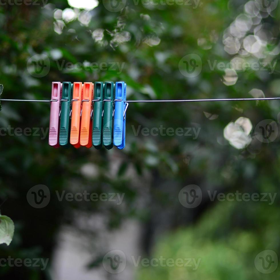 Clothespins on a rope hanging outside house and apple tree photo