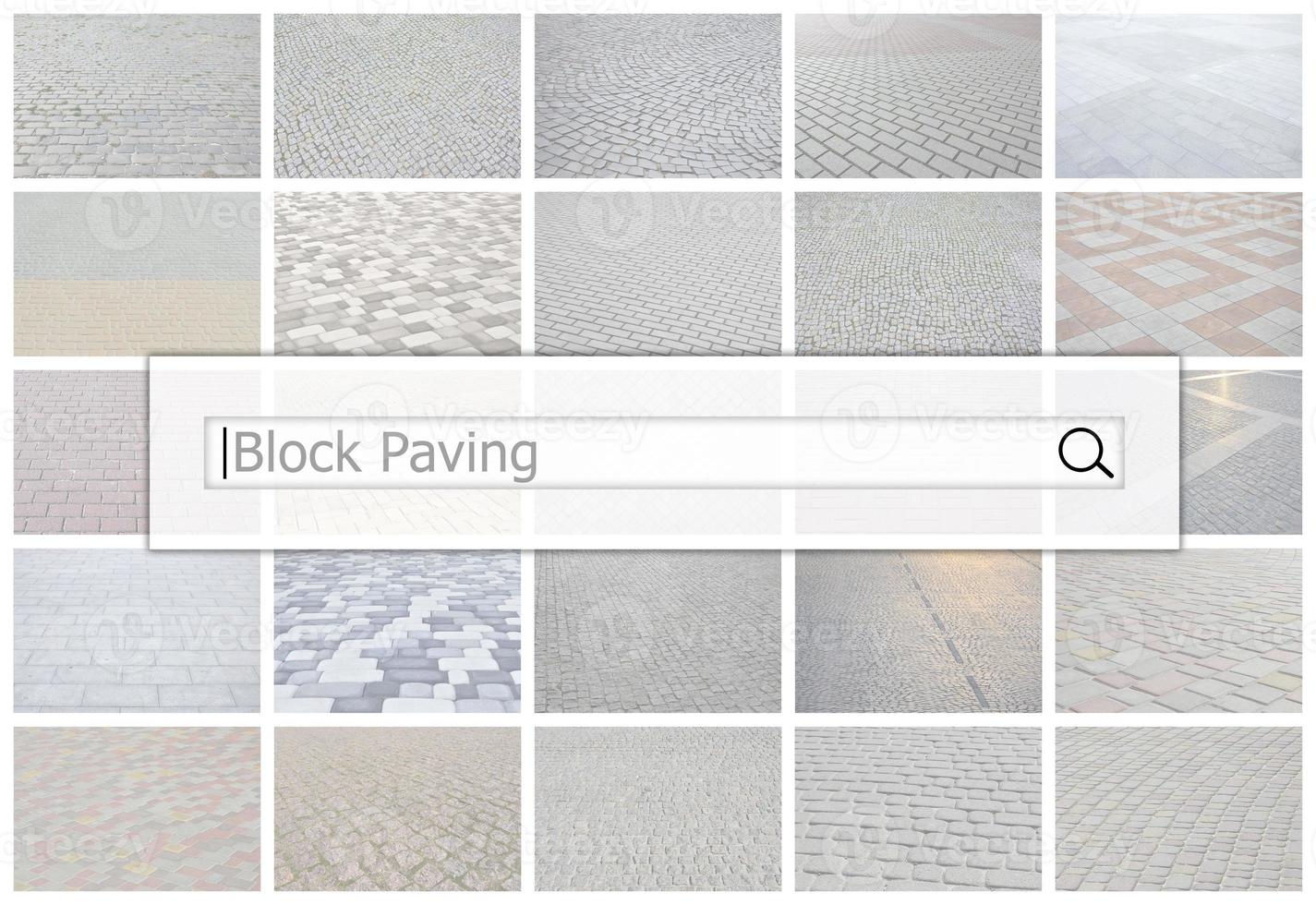 Visualization of the search bar on the background of a collage of many pictures with fragments of paving tiles close up. Block paving photo