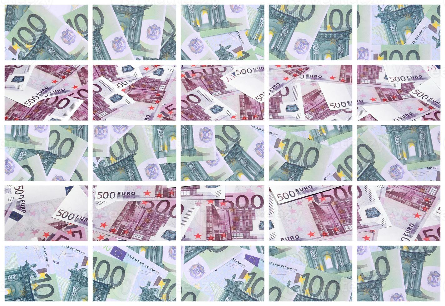 A collage of many images of hundreds of dollars and euro bills lying in a pile photo