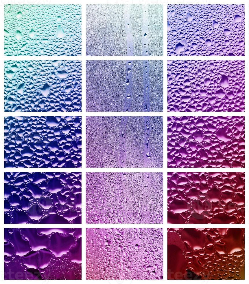 A collage of many different fragments of glass, decorated with rain drops from the condensate. Purple and violet tones photo