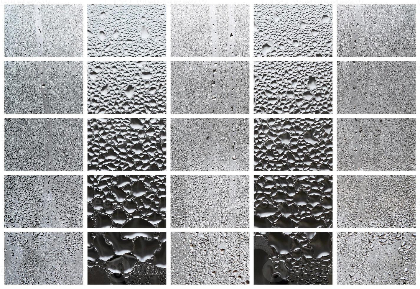 A collage of many different fragments of glass, decorated with rain drops from the condensate. Black and white tones photo