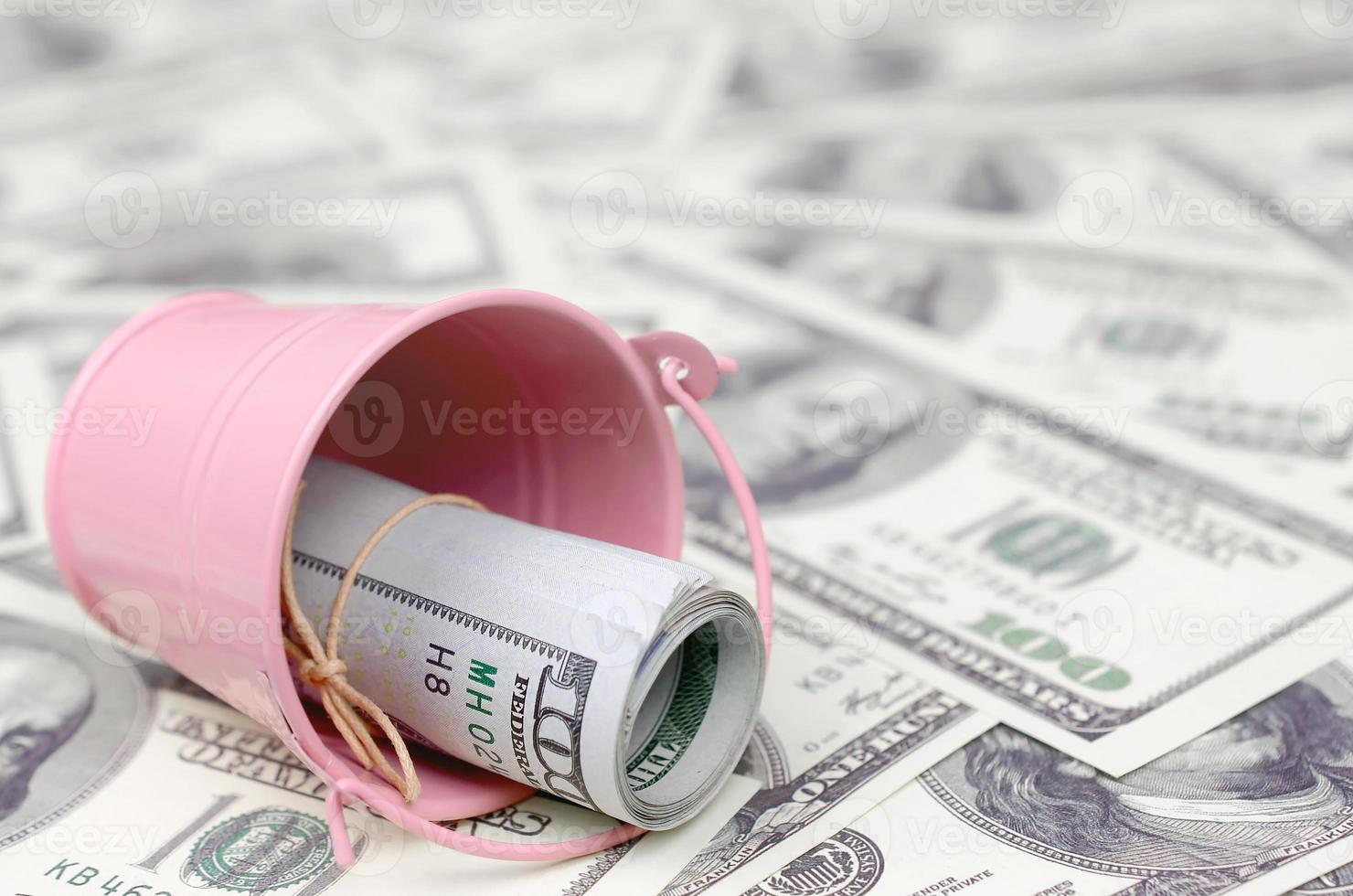 A bundle of US dollars in a metal pink bucket on a set of dollar bills photo