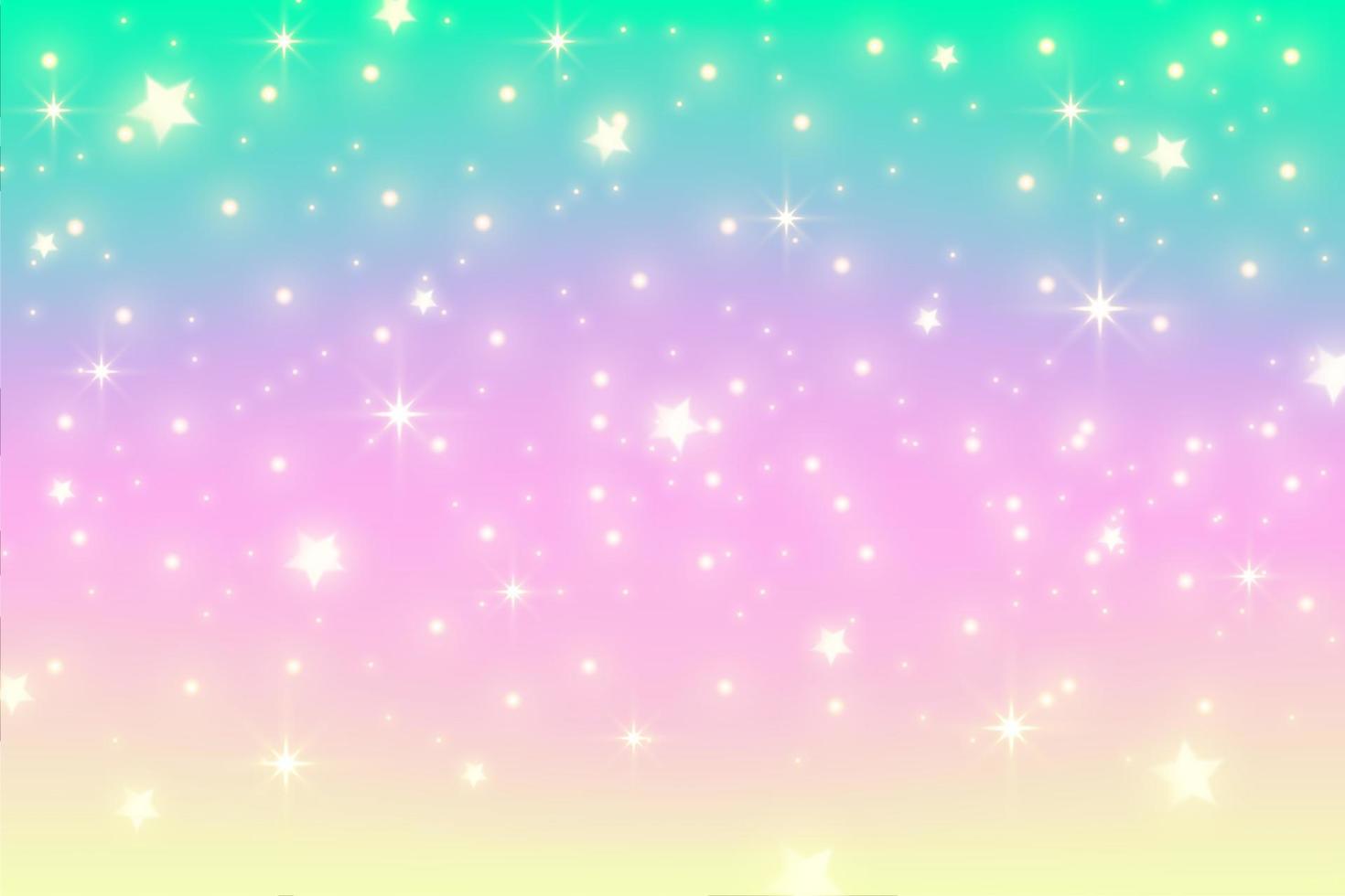 Rainbow unicorn background. Pastel gradient color sky with glitter. Magic galaxy space and stars. Vector abstract pattern.