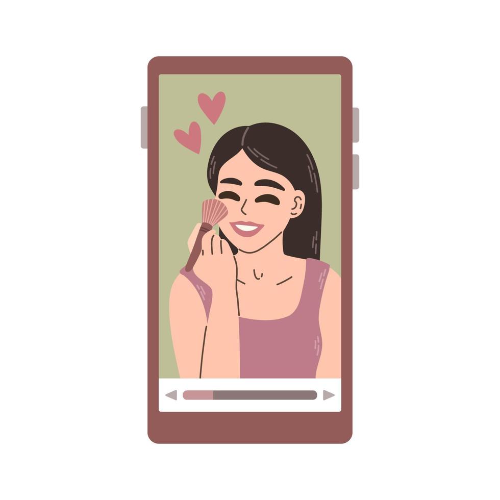 mujer de belleza al maquillarse. bloguera de videos. personas haciendo revisión en la pantalla del teléfono. vector de estilo dibujado a mano.