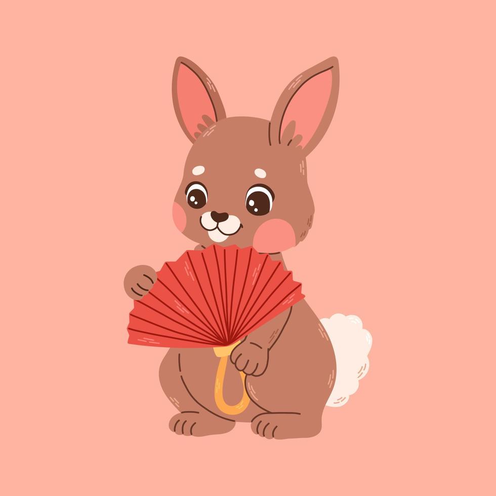 Happy Chinese new year greeting card 2023 with cute rabbit with red and gold fan. 2023 CNY card. Animal holidays cartoon character. Vector illustration