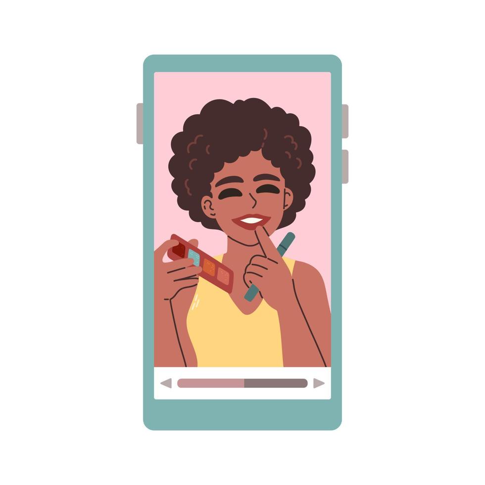 mujer de belleza al maquillarse. bloguera de videos. personas haciendo revisión en la pantalla del teléfono. vector de estilo dibujado a mano.