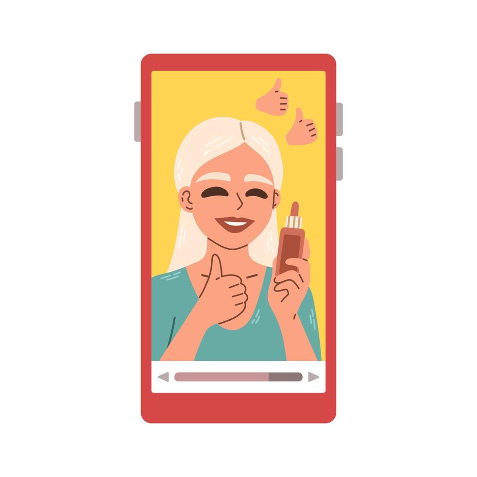 mujer de belleza al maquillarse. bloguera de videos. personas haciendo revisión en la pantalla del teléfono. vector de estilo dibujado a mano.