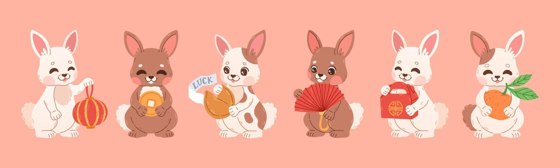 Happy Chinese new year 2023 set with cute rabbits. 2023 CNY card. Collection of Chinese rabbits. Animal holidays cartoon character. Vector illustration