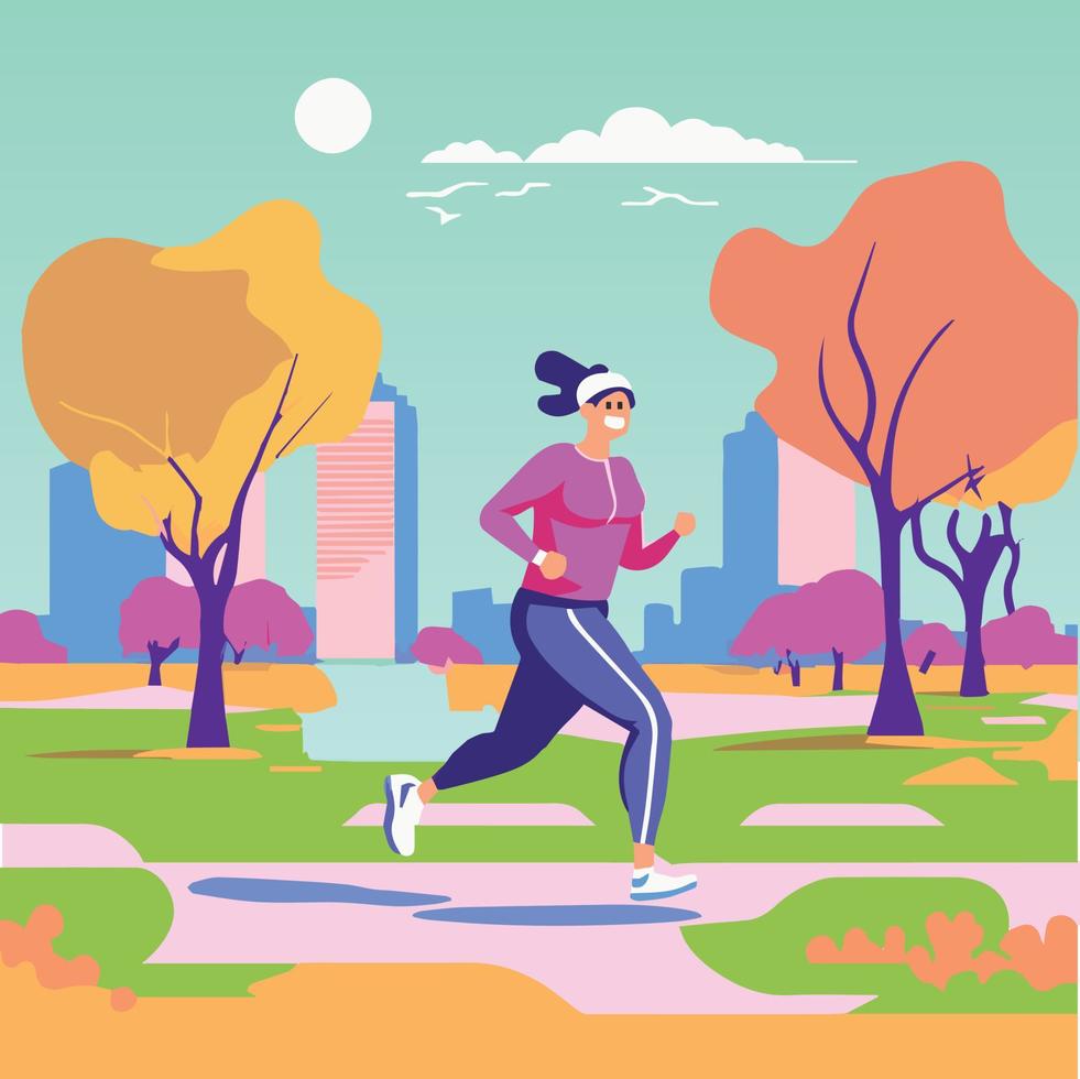 mujer corriendo en el parque haciendo ejercicio afuera. vector