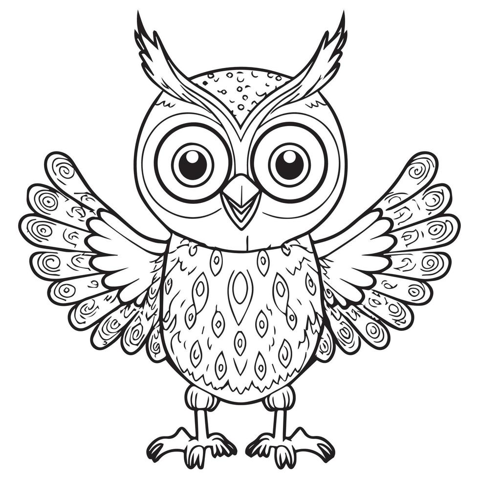 Owl outline vector illustration. Coloring book for children. Cartoon bird black and white drawing.