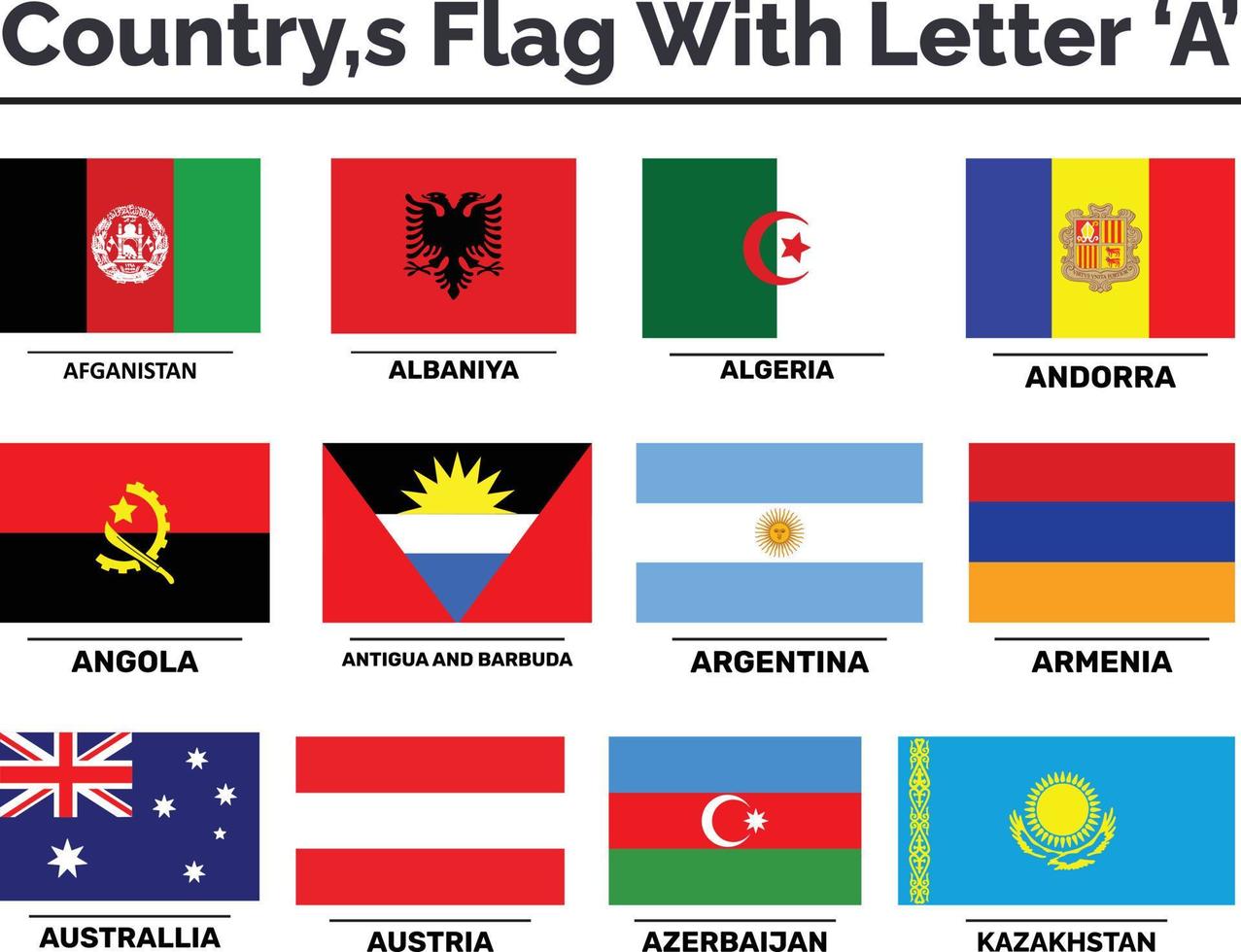country flags with with A letter name vector set of flat shield icons