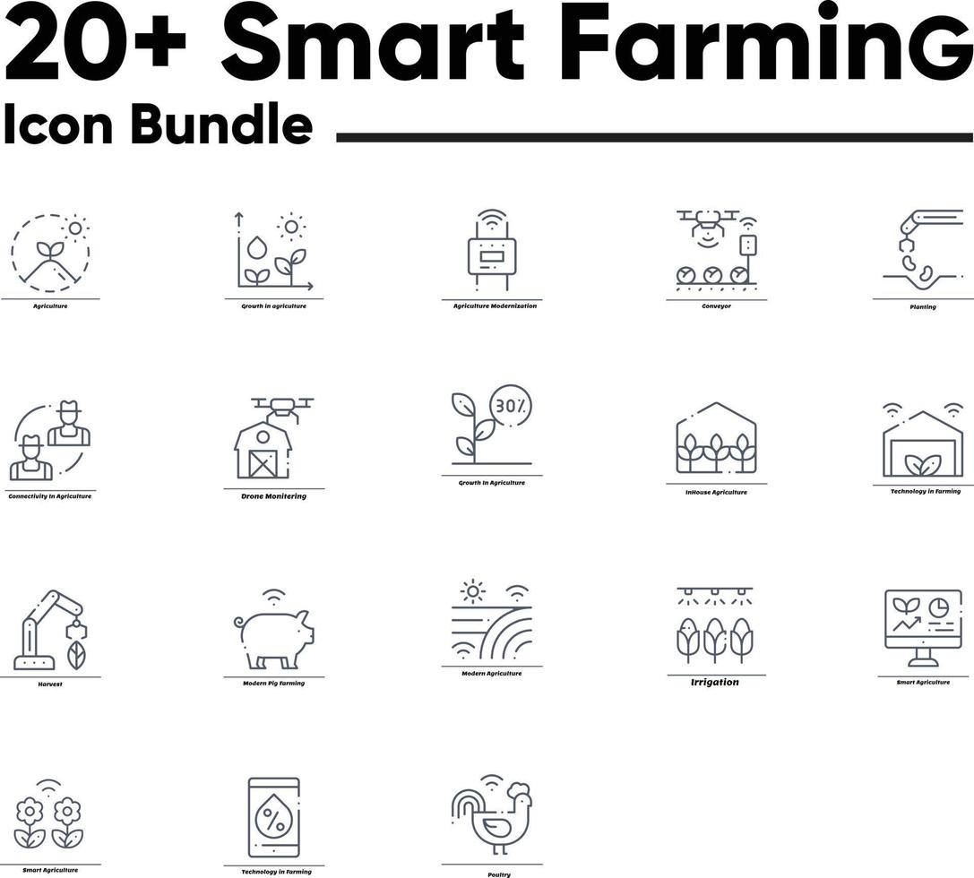 conjunto de iconos de línea relacionados con la granja inteligente. iconos lineales de tecnologías agrícolas. la ciencia de los alimentos esboza la colección de signos y símbolos vectoriales. vector