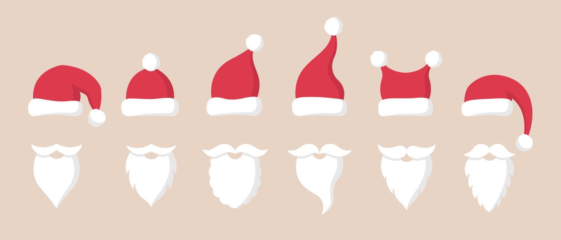 Collection of Santa Claus red hats, mustache and beards. Christmas symbols in flat style. vector