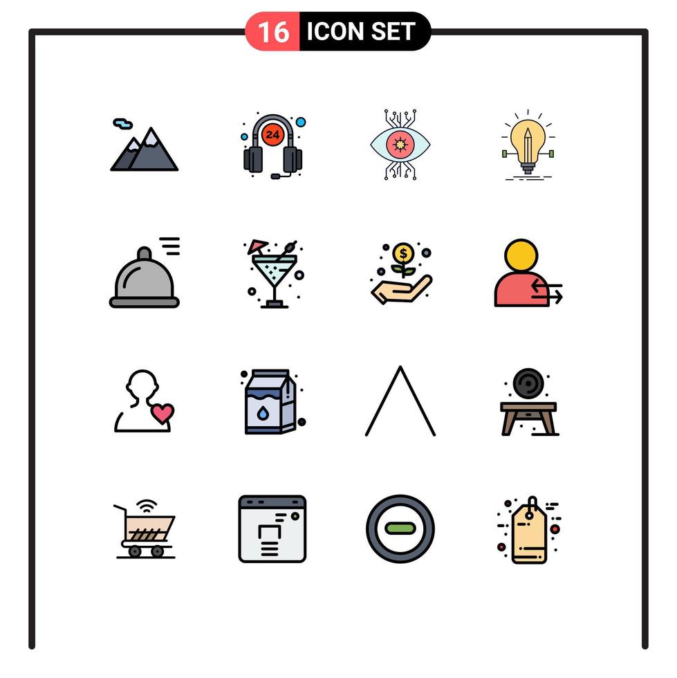Modern Set of 16 Flat Color Filled Lines and symbols such as food light monitoring solution bulb Editable Creative Vector Design Elements