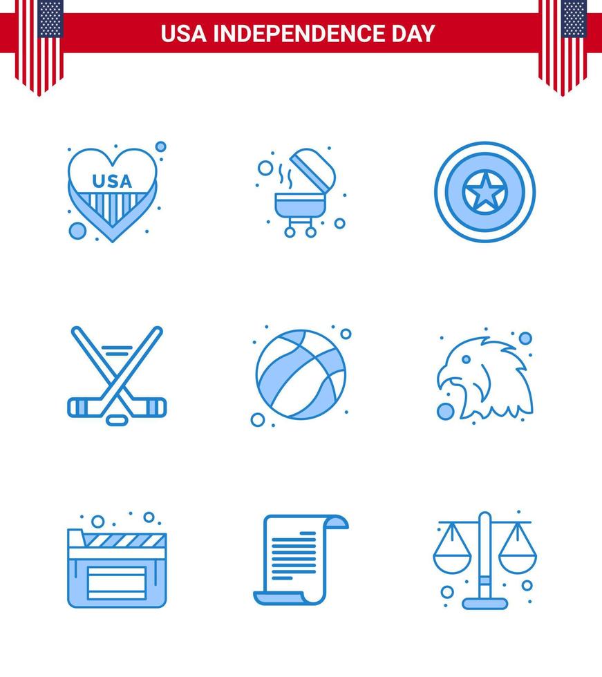 Set of 9 Vector Blues on 4th July USA Independence Day such as football american independece american ice sport Editable USA Day Vector Design Elements