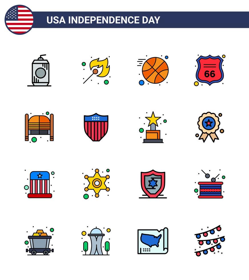 feliz día de la independencia paquete de ee.uu. de 16 líneas planas creativas llenas de salón bar baloncesto escudo americano elementos de diseño vectorial editables del día de ee.uu. vector