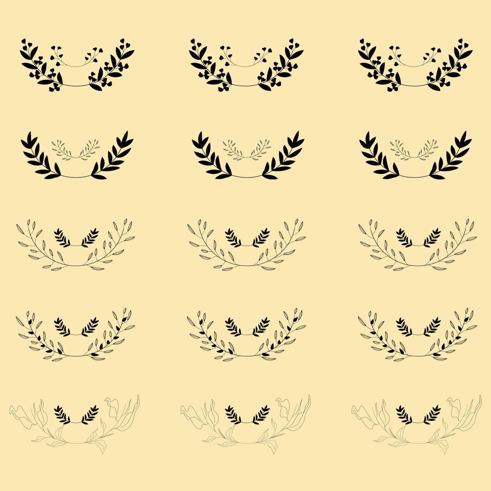 Set of handmade Greek wreaths and heraldic round elements with a black circular silhouette Floral or ornament design vector