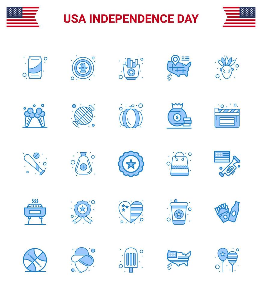 Stock Vector Icon Pack of American Day 25 Blue Signs and Symbols for native american american badge map chips Editable USA Day Vector Design Elements