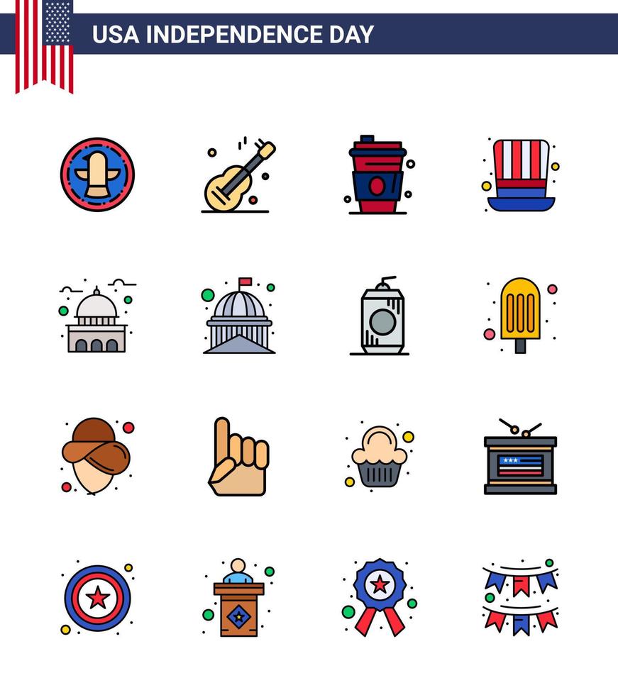 4 de julio usa feliz día de la independencia icono símbolos grupo de 16 líneas planas modernas llenas de casa usa alcohol presidentes día editable usa día elementos de diseño vectorial vector