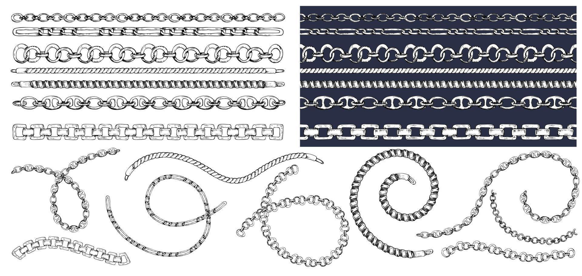 Set of brush patterns with retro hand-drawn sketch chain on dark background. Drawing engraving texture. Great design for fashion, textile, decorative frame, yacht style card. vector