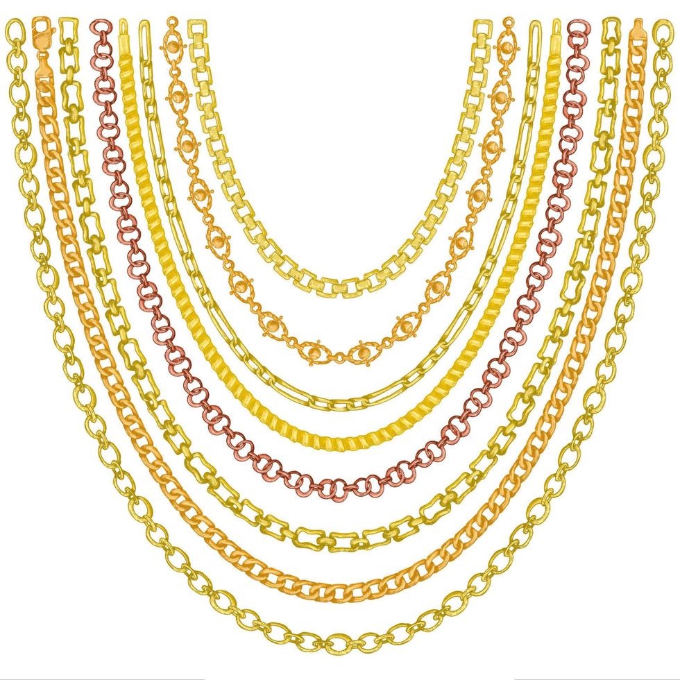 Set of brush patterns with retro hand-drawn sketch golden chain on white background. Drawing engraving texture. Great design for fashion, textile, decorative frame, yacht style card. vector