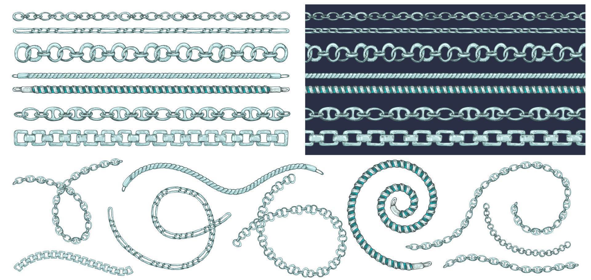 Set of brush patterns with retro hand-drawn sketch silver chain on dark background. Drawing engraving texture. Great design for fashion, textile, decorative frame, yacht style card. vector