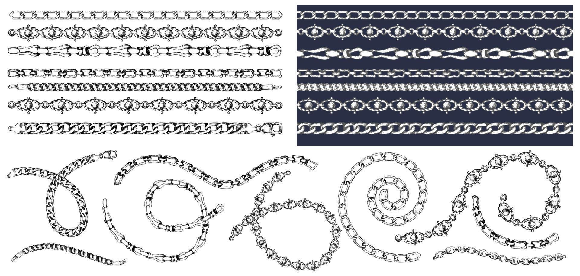 Set of brush patterns with retro hand-drawn sketch chain on dark background. Drawing engraving texture. Great design for fashion, textile, decorative frame, yacht style card. vector