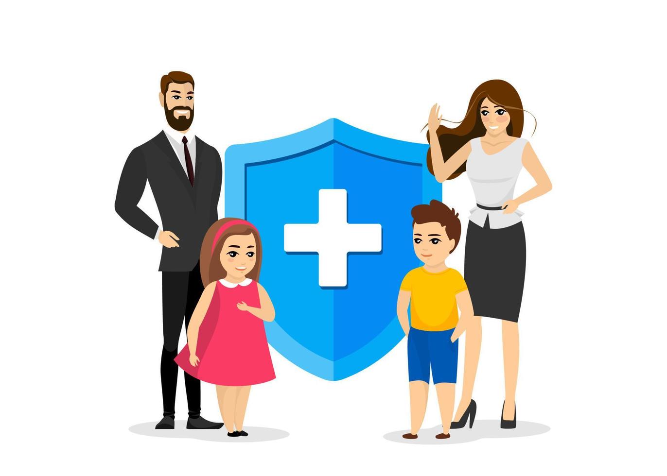 Family life and health insurance banner concept. Parents and children near protection shield with medical symbol. Young couple and kids medical support. Healthcare vector eps illustration