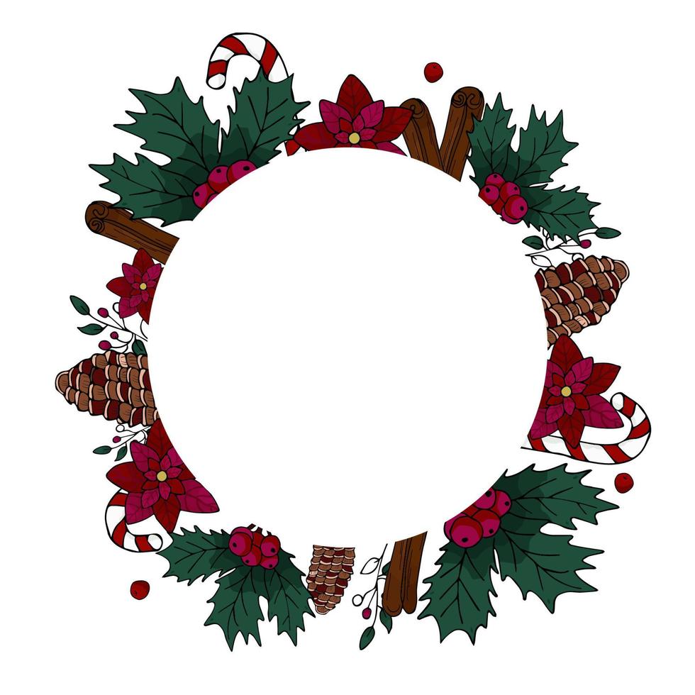 Merry Christmas. Cartoon elements in a circle. Traditional colors. Sample. Vector illustration