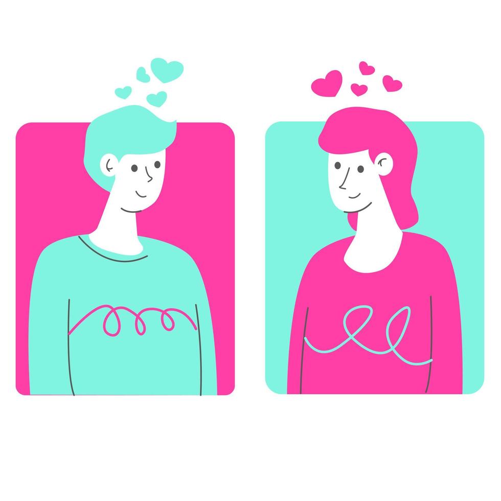 flat vector illustration Smiling man and woman at first glance. the meeting of happy men and women became interested.