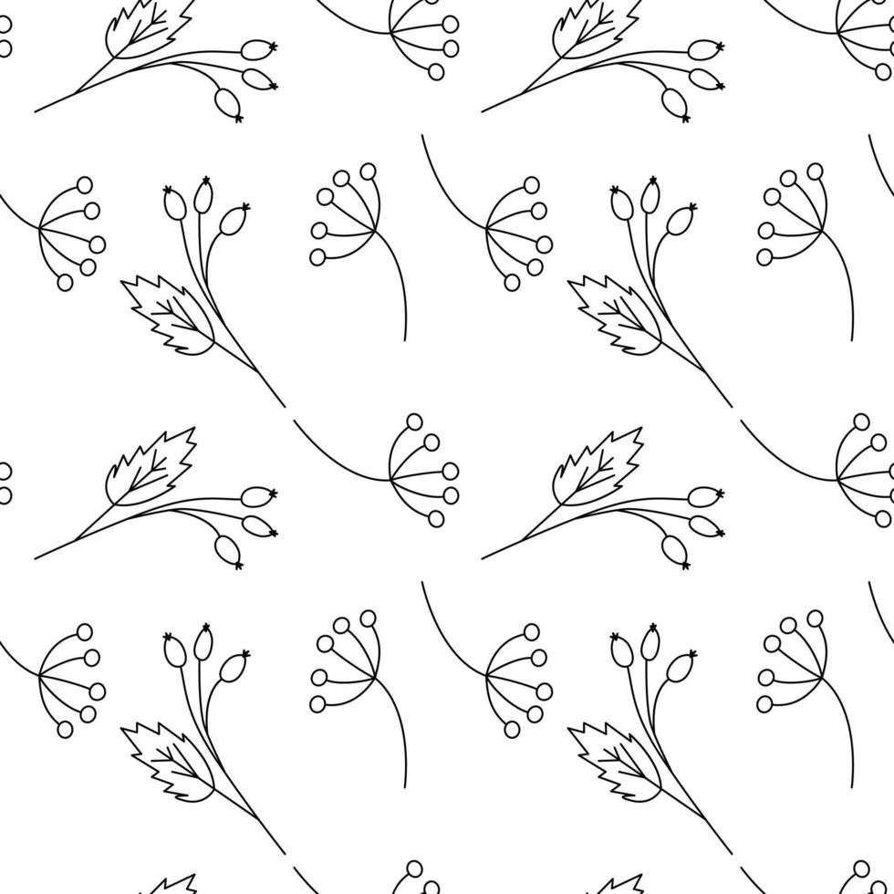 Seamless pattern from Outline herbs and rosehip branches. Coloring. Abstract background texture. vector