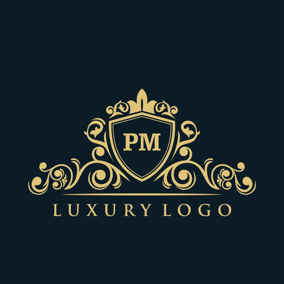 Letter PM logo with Luxury Gold Shield. Elegance logo vector template.