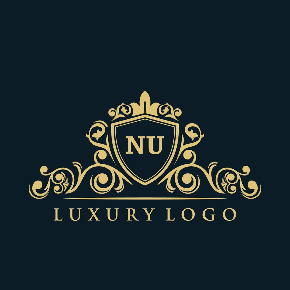 logotipo de la letra nu con escudo dorado de lujo. plantilla de vector de logotipo de elegancia.