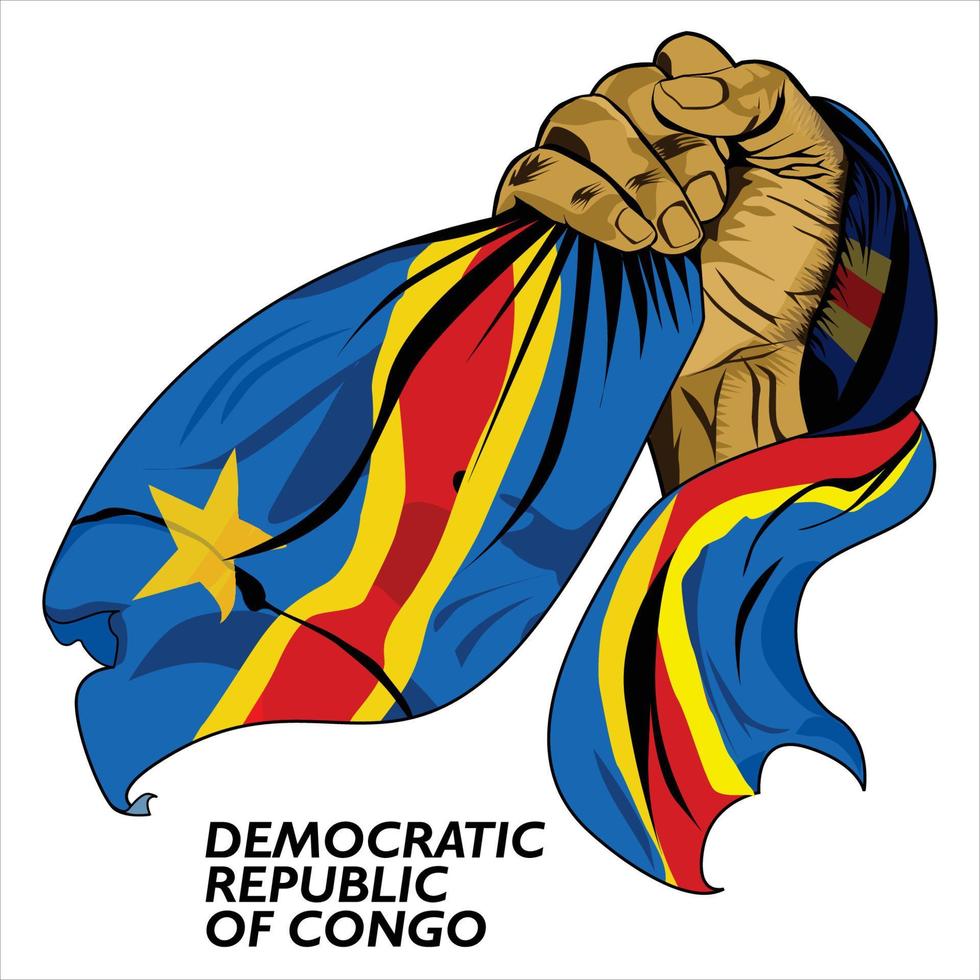 puño mano sujetando la bandera de la república democrática del congo. ilustración vectorial de la bandera de agarre de mano levantada. bandera colgando alrededor de la mano. formato eps vector