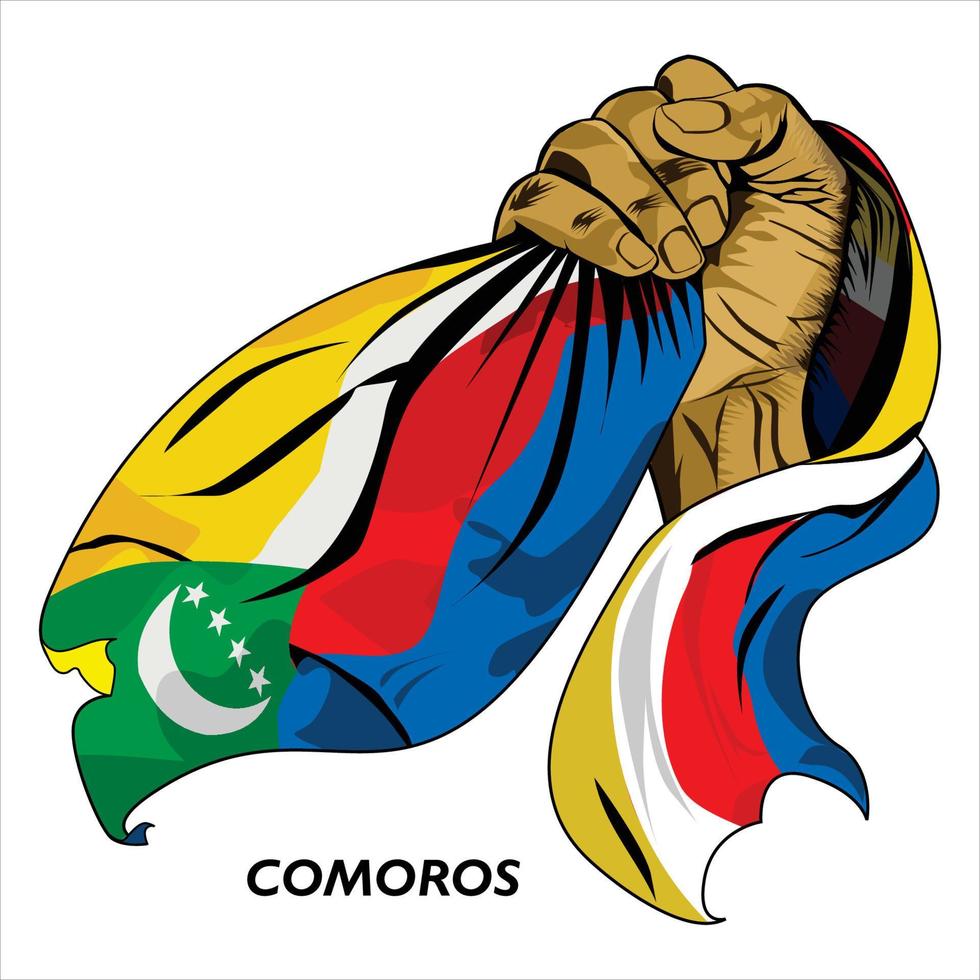 Fisted hand holding Comorian flag. Vector illustration of lifted Hand grabbing flag. Flag draping around hand. Eps format