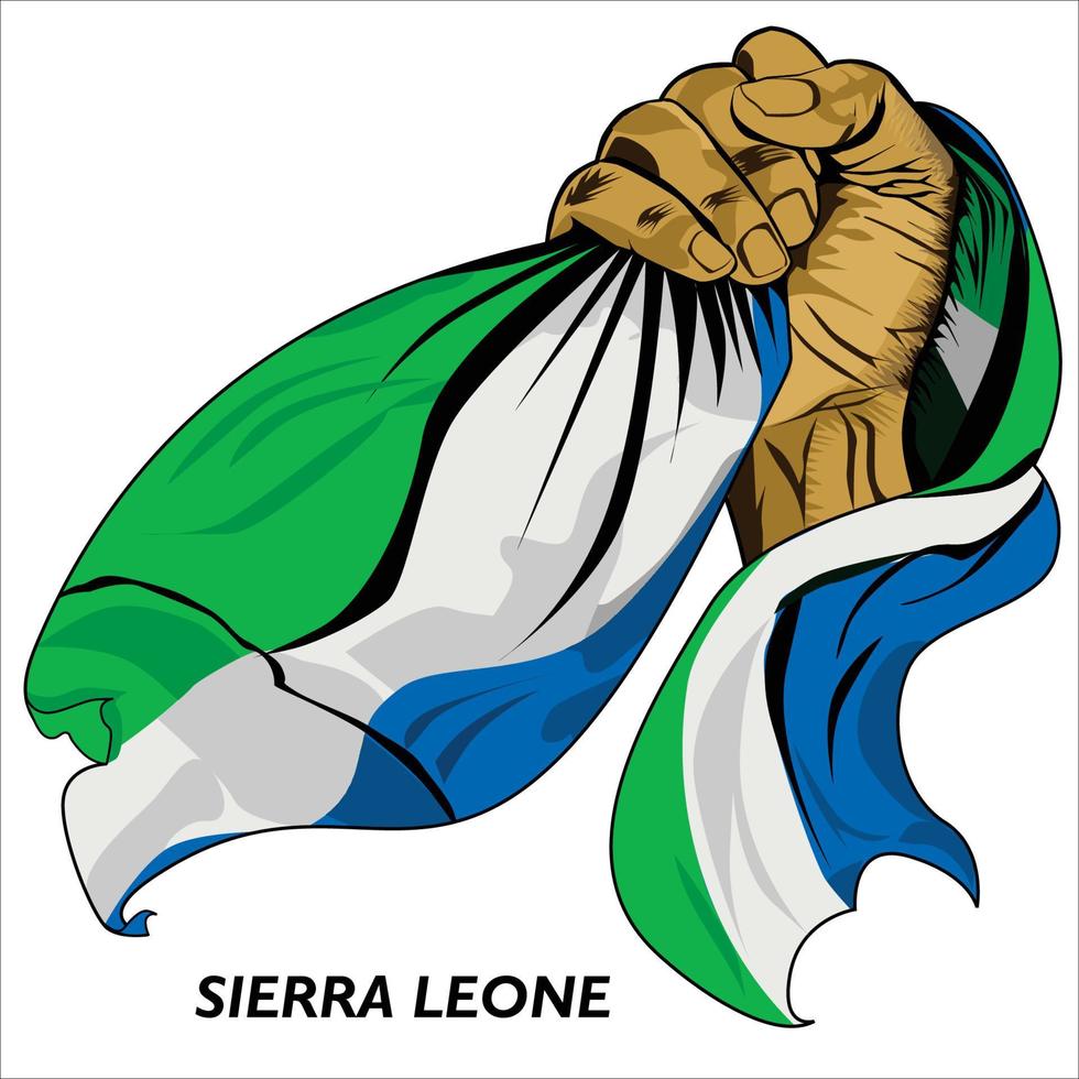 Fisted hand holding SIERRA Leonean flag. Vector illustration of lifted Hand grabbing flag. Flag draping around hand. Scalable Eps format