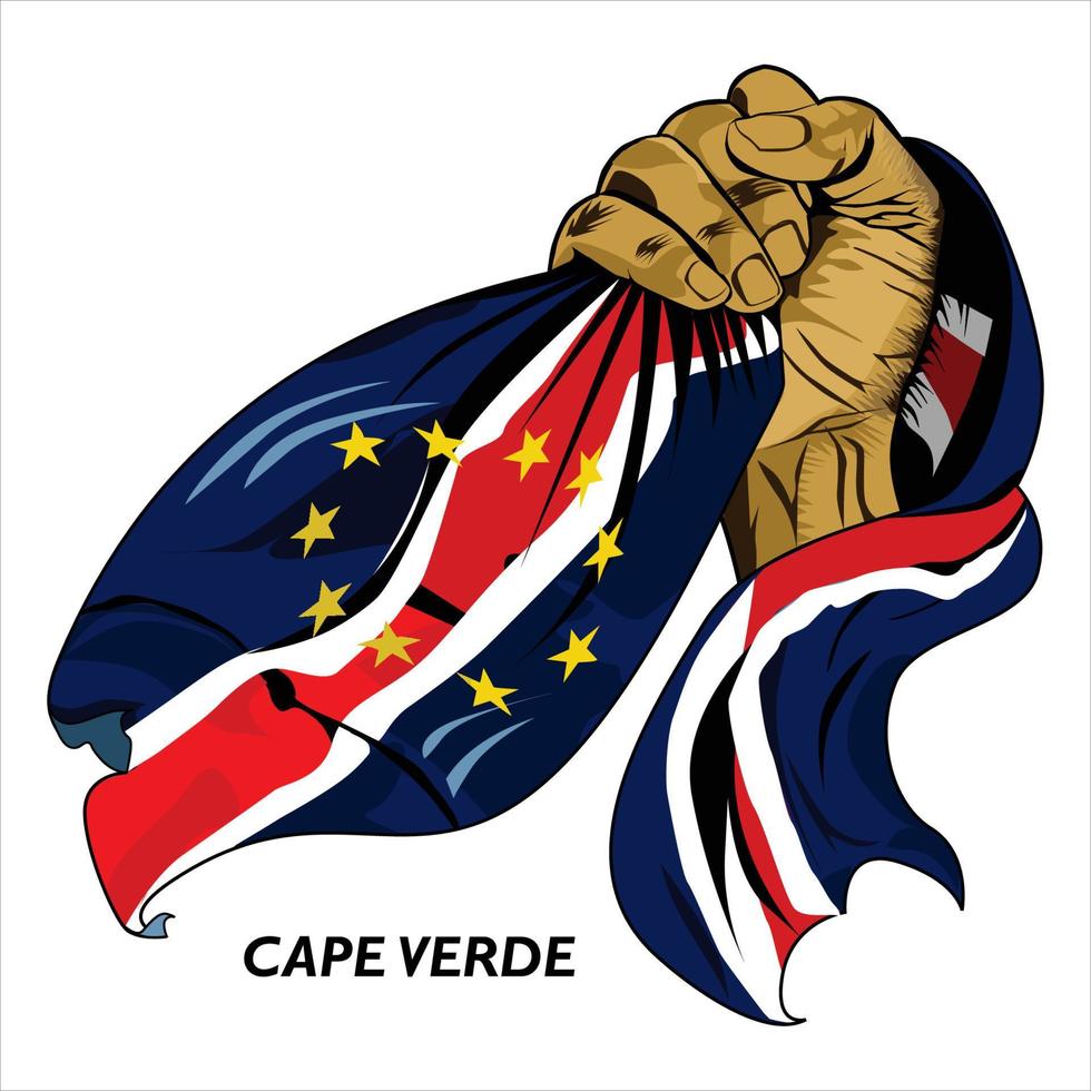 Fisted hand holding Cape Verdean flag. Vector illustration of lifted Hand grabbing flag. Flag draping around hand. Eps format