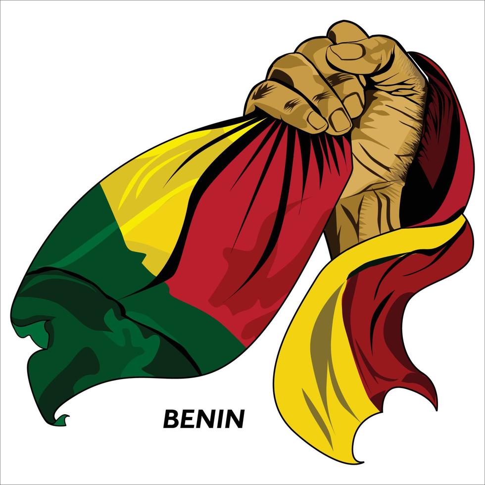 Fisted hand holding Beninese flag. Vector illustration of lifted Hand grabbing flag. Flag draping around hand. Eps format