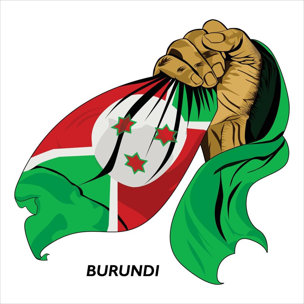 Fisted hand holding Burundian flag. Vector illustration of lifted Hand grabbing flag. Flag draping around hand. Scalable Eps format