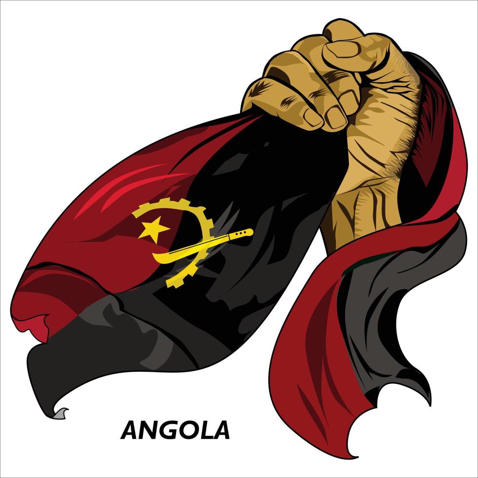 Fisted hand holding Angolan flag. Vector illustration of lifted Hand grabbing flag. Flag draping around hand. Eps format