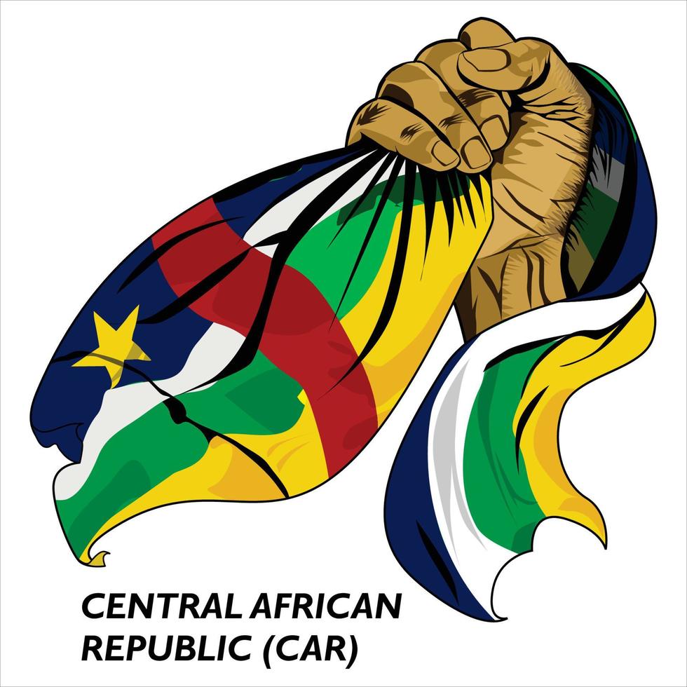 Fisted hand holding Central African Republican flag. Vector illustration of lifted Hand grabbing flag. Flag draping around hand. Eps format
