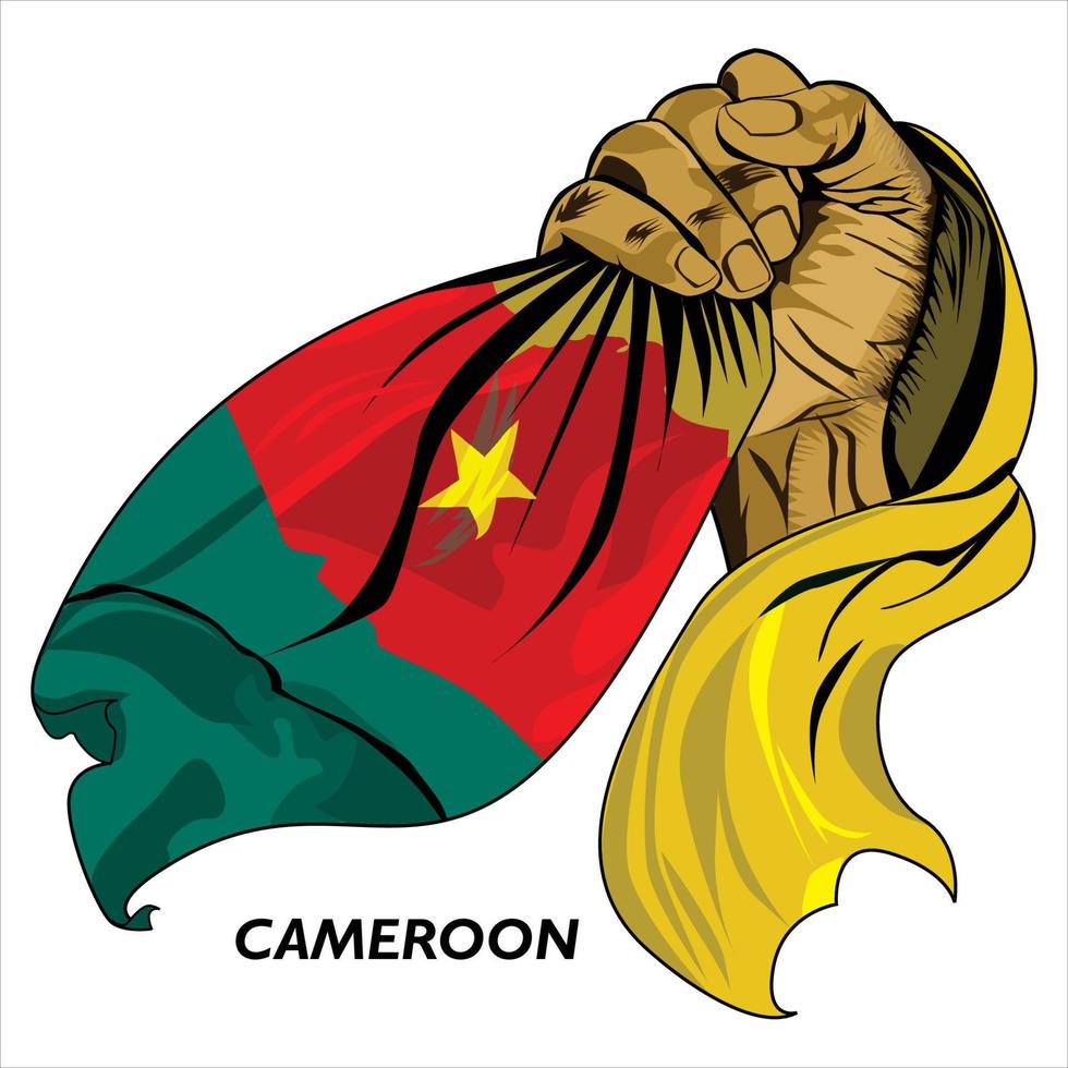 Fisted hand holding Cameroonian flag. Vector illustration of lifted Hand grabbing flag. Flag draping around hand. Eps format