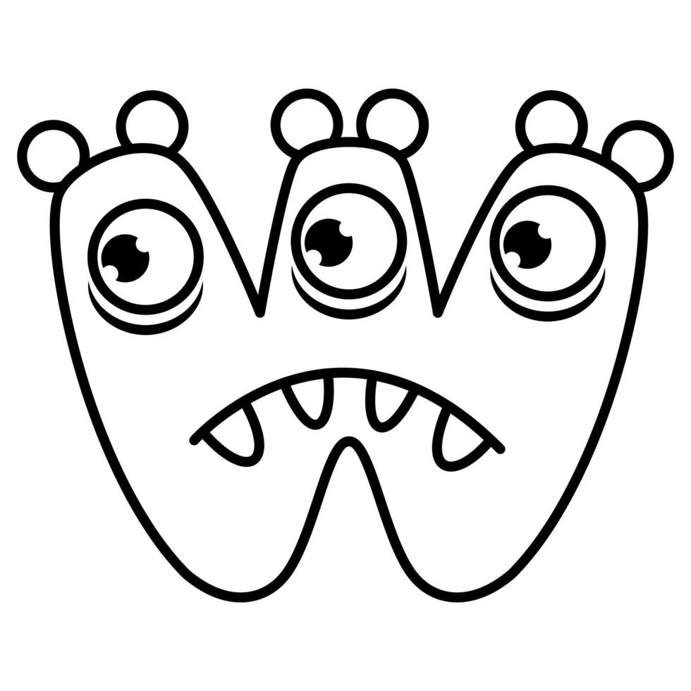 Libro de páginas para colorear del alfabeto monstruo. página para colorear alfabeto inglés para niños con monstruos divertidos y tristes. alfabeto divertido de personajes de dibujos animados letras de fuentes vectoriales de caras de criaturas de monstruos cómicos vector