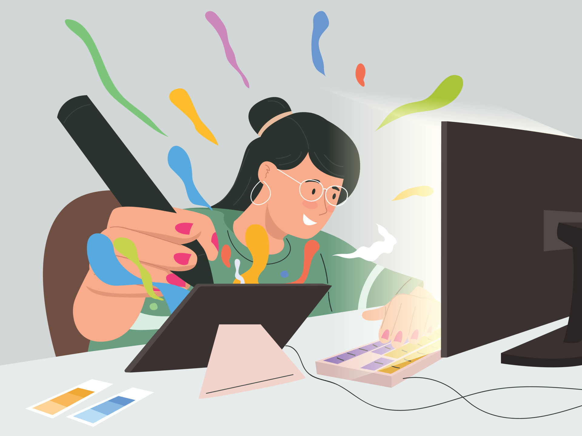 Designer illustrator draws on drawing pad computer with pen 14478498