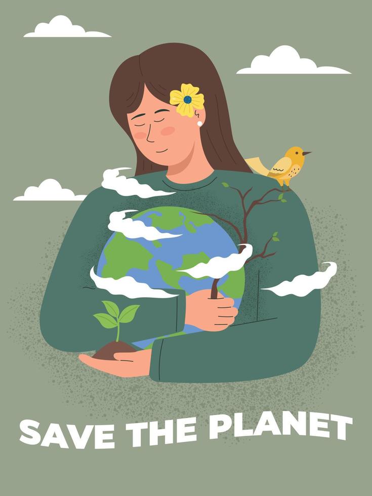 Woman hugs planet earth illustration, save the planet vector